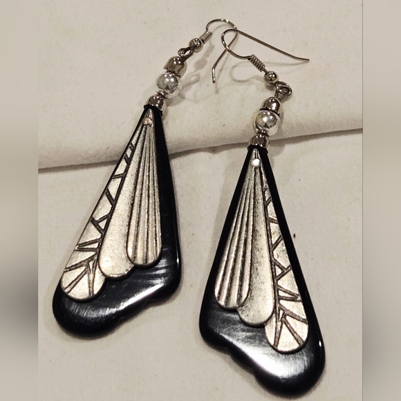 Jewelry - Art Deco-Style Black Lucite and Silver Tone Dangle Earrings